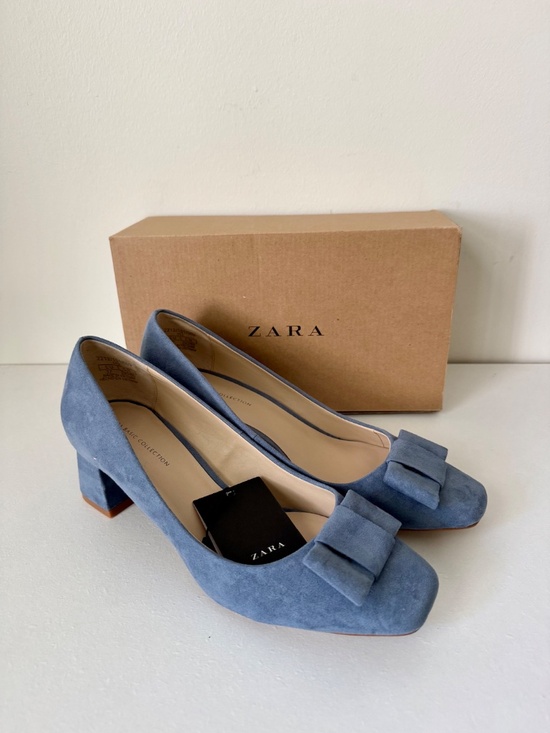 Zara Shoes - NEW! Zara Blue Suede Leather Bow Detail Block Heels | Size 37 (US 6.5)